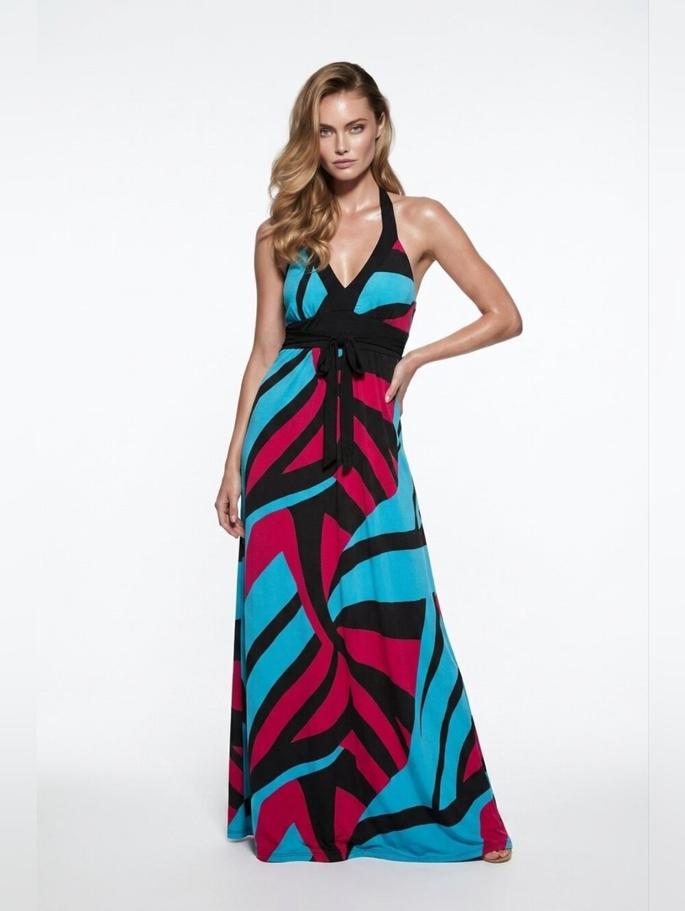 Taboo Black, Teal & Red Halter Maxi Dress